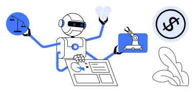 Dört elle donatılmış robot tablet üzerinde çalışırken pulları, kalbi, robot kolu ve finans simgesini tutuyor. Teknoloji, yapay zeka uygulamaları, çoklu görev, otomasyon, robot yeniliği için ideal