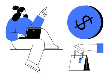 Dizüstü bilgisayarda yazan, işaret eden, indirimli etiketli alışveriş torbası ve bir dolar çemberi. E-ticaret, çevrimiçi perakende, dijital işlemler, alışveriş, pazarlama finans indirimi için ideal