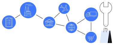 Fabrika, pano, dünya, uçak, kamyon, depo ve alışveriş arabaları birbirine bağlı. Lojistik, tedarik zinciri üretimi, e-ticaret dağıtım perakende yönetimi için ideal
