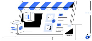 Çevrimiçi mağaza arayüzü, mavi çizgili mağaza tentesi, ürün kutuları, alışveriş arabası ve yüzde sembolü içeren dizüstü bilgisayar ekranı. Çevrimiçi alışveriş, perakende satış, e-ticaret, dijital satış için ideal