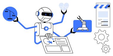 Dişlilerle çevrili, pullu, kalp sembollü, endüstriyel kollu ve web mağazalı robotlar. Otomasyon için ideal, yapay zeka, çoklu görev yeniliği sağlık teknolojisi e-ticaret dengesi. Düz basit