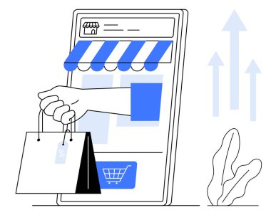 El ele tutuşan alışveriş çantaları akıllı telefon vitrininden dijital vitrin vitrininden çıkıyor. E-ticaret, mobil uygulamalar, çevrimiçi perakende satış, dijital pazarlama, alışveriş, iş büyümesi ve yenilik için ideal. Düz
