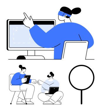 Dijital araçlarla işbirliği yapan, tartışan ve görevleri analiz eden insanlar. Takım çalışması, teknoloji, dijital yenilik, iletişim, eğitim, proje yönetimi yaratıcı düşünce dairesi için ideal