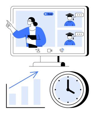 Canlı ders sırasında ekranda lisansüstü öğrencileri, grafik büyümesi ve saat sembolü olan çevrimiçi eğitmen. Eğitim, uzaktan öğrenim, zaman yönetimi, büyüme, sunum için ideal