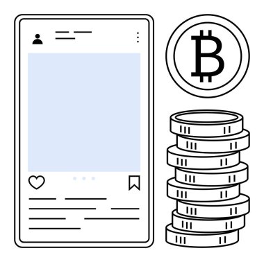 Bozuk para yığını ve Bitcoin para birimi simgesinin yanındaki sosyal medya arayüzü. Finans, yatırım, kripto para birimi, dijital ekonomi, sosyal platformlar, engelleme zinciri ve fintech için ideal. Düz basit