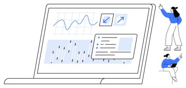 Grafikleri, grafikleri ve arayüz araçlarını gösteren dizüstü bilgisayar. Yakınlarda el kol hareketi yapan ve işaret eden iki kişi. Takım çalışması, analitik, işbirliği, teknoloji ofisi verimliliği için ideal
