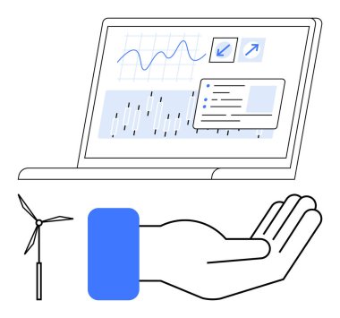 Çizelgeleri ve veri analizi olan dizüstü bilgisayar, el sembolü desteği, rüzgar türbini simgesi. Sürdürülebilirlik, teknoloji, temiz enerji, yenilik, veri analizi, çevre bakımı dijital çözümleri için ideal