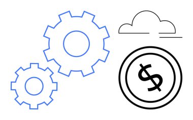 Bir dolar işareti çemberinin ve bulutun yanında birleşmiş iki vites, süreci, finans ve teknolojiyi temsil ediyor. İş için ideal, verimlilik, ekonomi, bulut hesaplama verimlilik yeniliği. Düz basit