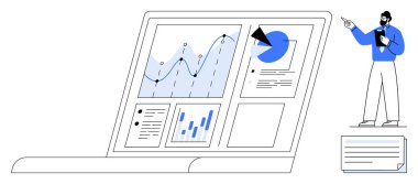 Çizelgeler, grafikler, analitikler ve sunucu paylaşımlarıyla birlikte dizüstü bilgisayar ekranı. Veri görselleştirme, iş, strateji, kurumsal iletişim pazarlama eğitim ekibi çalışması için idealdir. Düz