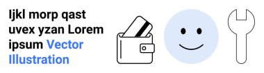 Cüzdan tutma kartları, gülen surat ve anahtar finans, müşteri memnuniyeti ve teknik desteği simgeliyor. Bankacılık, finans, müşteri hizmetleri, teknik destek iş hizmetleri için ideal