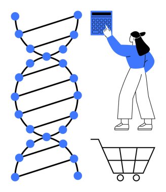 DNA sarmal yapısı, hesap makinesiyle etkileşime giren, bilim, veri ve analizi birleştiren bir kadın. Yenilik, araştırma, teknoloji, e-ticaret genetik eğitim sağlık hizmetleri için idealdir. Düz