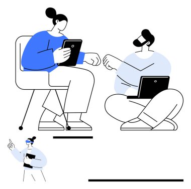 Dijital tablet ve dizüstü bilgisayarları tartışma ve işbirliği için kullanan iki meslektaş fikir alışverişinde bulundu. Takım çalışması, iletişim, uzaktan çalışma, beyin fırtınası, üretkenlik, proje yönetimi için ideal