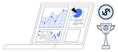 Laptopta grafikler, grafikler ve kupalar ve dolar işareti olan raporlar var. Ticari büyüme, analitik, finans, performans takibi, başarı, üretkenlik takım çalışması için ideal