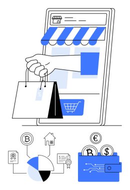 Elinde alışveriş poşetleri, pasta grafiği, ev ikonu, kripto para cüzdanı ve finansal sembollerle akıllı telefon mağazası önü. E-ticaret, fintech, dijital ödeme, online alışveriş için ideal