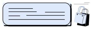 Online alışveriş fişi, mavi saplı bir alışveriş çantasının yanına yerleştirilmiş metni sembolize eden satırlar. E-ticaret, çevrimiçi alışveriş, tüketici davranışı, perakende işlemler, müşteri hizmetleri için ideal