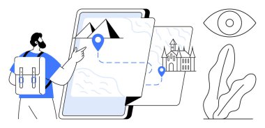 Sırt çantalı gezgin harita üzerinde yön bulma iğneleri, dağ ve şatoyu gösteren işaretlere işaret ediyor. Seyahat planlama, turizm, seyrüsefer, macera, keşif, güzergah haritalama için ideal basit