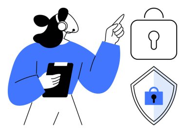 Elinde pano olan bir kadın kilit ve kalkan simgelerine bakıyor. Siber güvenlik, veri koruması, bilişim güvenliği, gizlilik politikaları, çevrimiçi güvenlik, güvenli iletişim teknolojisi endüstrisi için ideal. Soyut çizgi