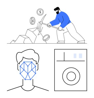 Bozuk paralar ve taşlarla para toplayan adam, insan yüzünde yüz tarama algoritması ve soyut makine sistemi. Kripto para birimi, yapay zeka, güvenlik, teknoloji, madencilik, ekonomi yeniliği için ideal