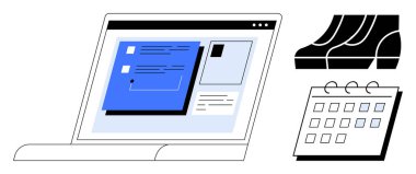 Bir belge, bitişik takvim ve evrak çantasını gösteren dizüstü bilgisayarı aç. Proje yönetimi, üretkenlik, iş örgütü, planlama, planlama, ofis görevleri ve iş stratejisi kavramları için ideal