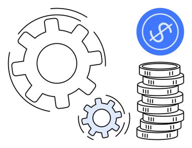 Büyük ve küçük vites değiştirme, madeni para yığını ve dolar işareti taşıma, takım çalışması, yenilik, optimizasyon, iş süreci, zenginlik yaratma, strateji. Basit bir iş dairesi için ideal