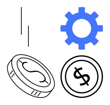 Mavi dişli, içinde dolar ve para birimi sembolleri olan bozuk paralar ve dikey çizgiler verimliliği, para akışını ve optimizasyonu çağrıştırıyor. Finans, yatırım, otomasyon, ekonomi tasarrufu iş akışı için ideal
