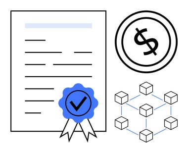 Kurdele mührü, bir dairenin içinde dolar sembolü ve engelleme ağı şeması olan onaylı bir belge. Engelleme zinciri, finans, kripto para, sertifika, güvenlik teknolojisi güveni için ideal. Düz