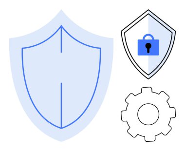 Mavi kalkan, kilit kalkanı ve vites simgesinin yanındaki korumayı simgeliyor. Siber güvenlik, koruma, gizlilik, güvenlik, teknoloji, bilişim güvenliği, sistem ayarları için idealdir. Soyut satır düzlüğü