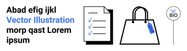 Mavi çekli kontrol listesi, fiyat etiketli alışveriş çantası ve sürdürülebilirliği, bilinçli tercihleri ve organizasyonu vurgulayan çevre dostu rozet. İş için ideal, perakende, çevre bilinci, planlama