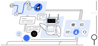 Robot sohbet robotu kullanıcılarla mesajlar, simgeler ve duygusal tepkiler yoluyla etkileşir. Yapay zeka, otomasyon, müşteri hizmetleri, teknoloji, iletişim geribildirim yeniliği için idealdir. Düz basit metafor