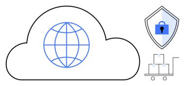 Küreyle bulut, kilitle kalkan, kutularla el arabası. Bulut bilgisayarı, siber güvenlik, küresel lojistik, veri depolama, çevrimiçi güvenlik, uluslararası ticaret dijital koruma soyut hattı için ideal