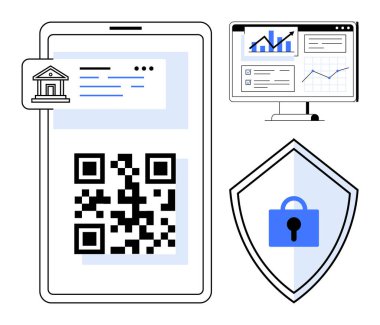 Banka ödemeleri için QR kodunu gösteren akıllı telefon, veri analizlerini gösteren bilgisayar ekranı ve asma kilitli kalkan. Fintech, siber güvenlik, e-ticaret, finans, veri analizi, çevrimiçi güvenlik için ideal