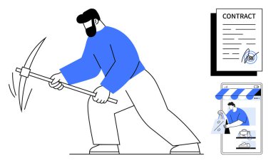 İşçi kazması, akıllı telefondan dijital mağaza, imzalı sözleşme. İş için ideal, dijital ticaret, sıkı çalışma, madencilik, teknoloji çevrimiçi işlem anlaşmaları. Siyah mavi beyaz