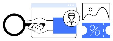 Büyüteç, el, profil avatarı, analitik grafik, yüzde sembolü, bilet. Veri analizi, dijital pazarlama, müşteri içgörüleri istatistik iş stratejisi optimizasyonu için ideal