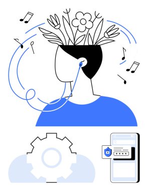 Aklında bitki ve çiçek yetiştiren kişi müzik dinler. İçinde güvenlik kilidi olan akıllı telefon, bağlantı teknolojisi, vites simgesi, bulut konsepti var. Kişisel gelişim, farkındalık ve yaratıcılık için ideal.