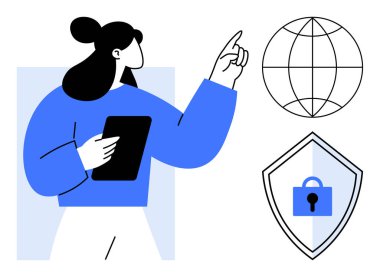 Tabletli kadın küreyi işaret ediyor ve kalkanı kilitli. Siber güvenlik için ideal, küresel bağlantı, çevrimiçi koruma, dijital güvenlik, teknoloji, veri gizliliği, uzaktan çalışma. Modern