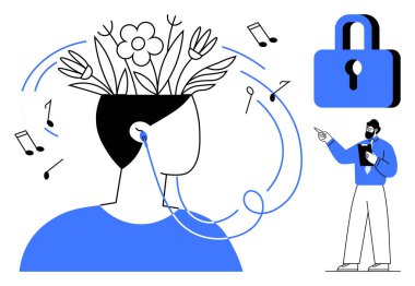 Kafasında çiçeklerle müzik dinleyen bir kadın yaratıcılığı, zihinsel gelişimi ve ilhamı sembolize eder. Kilidi işaret eden öğretmen rehberliği ve potansiyeli ortaya çıkarmayı simgeler. İdeal