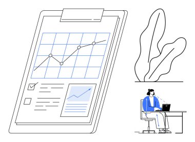 Büyüme çizelgesi ve görev listesi olan veri panosu, dizüstü bilgisayarı olan kadın, arka planda yapraklı bitki. Üretkenlik, planlama, analiz, strateji, takım çalışması için ideal bir hedef. Düz