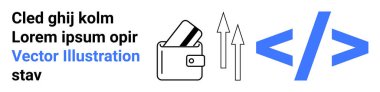 Cüzdanında kartlar, yukarı doğru iki ok ve kodlama sembolü var. Siyah ve mavi yer tutucu metni. Finans, büyüme, teknoloji, yazılım geliştirme, dijital ödeme web tasarım sektörü için ideal