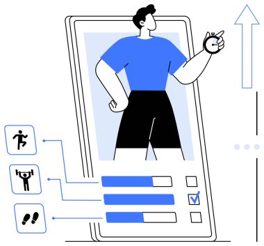 Akıllı telefon ekranından çıkan kişi, aktivite simgeleri, ilerleme çubuğu, başarıyı gösteren yukarı ok. Sağlık, teknoloji, fitness, ilerleme, hedef belirleyici mobil uygulama kendini geliştirme için ideal