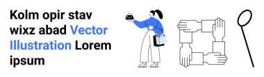 İş kadını objeleri analiz ediyor, birbirine kenetlenmiş eller birliği sembolize ediyor ve keşif için büyüteç kullanıyor. Takım çalışması, işbirliği, liderlik, analiz, araştırma, birlik profesyoneli için ideal