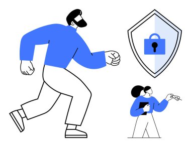 Cesur karakter koşuyor, asma kilit ikonlu kalkan elinde anahtar ve tablet olan küçük bir kadın. Siber güvenlik, kişisel veri koruması, uyanıklık, erişim kontrolü, çevrimiçi güvenlik, dijital anahtar için ideal