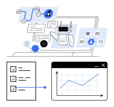 Kullanıcı sorgularına, duygusal geri bildirim ikonlarına, veri analiz grafiğine ve listeye cevap veren yapay zeka sohbet robotu. Müşteri desteği, otomasyon, veri analizi, yapay zeka geliştirme, verimlilik dijital için ideal