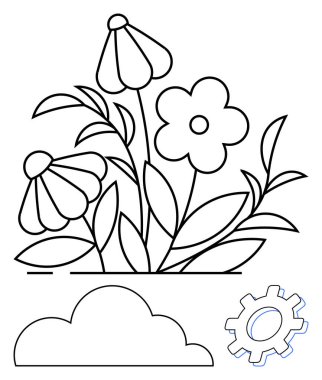 Yapraklar, bulut ve vites sembolleriyle doğal büyüme ve teknolojiyi harmanlayan çiçek aranjmanı. Doğa, sürdürülebilirlik, yenilik, ekoloji, yaratıcılık büyümesi ve ekosistem temaları için idealdir. Düz