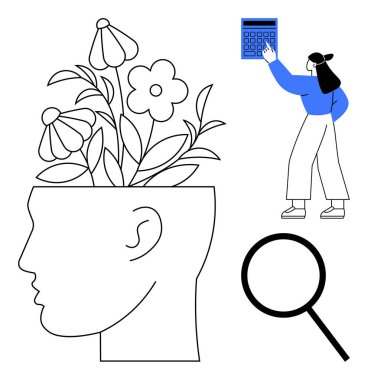 Çiçekli insan kafası yaratıcılığı sembolize ediyor, hesap makinesini analiz için kullanan kişi, kavrayış için büyüteç kullanan kişi. Yaratıcılık, öğrenme, büyüme, yenilik, öz analiz için ideal