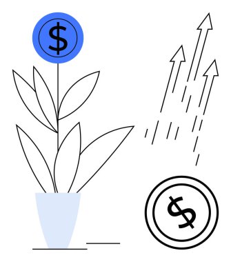 Madeni parayı simgeleyen bitki, gelişim için yükselen oklar, ekonomi, zenginlik yaratma ve refahı simgeliyor. Finans, yatırım ve kâr amaçlı başarı fırsatları için idealdir. Düz basit