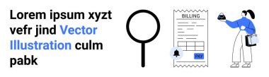 Büyüteç fatura makbuzunu inceler, ödeme detayları vurgulanır. Kadın faturayı tutuyor, alışverişi tartışıyor. Finans, ödeme, müşteri hizmetleri, iş, muhasebe analizleri için ideal