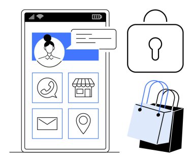Kullanıcı profili, iletişim, alışveriş, e-posta ve konum simgelerini gösteren cep telefonu ekranı. Kilit sembolü güvenliği simgeliyor. İki alışveriş torbası e-ticareti temsil ediyor. E-ticaret için ideal, dijital