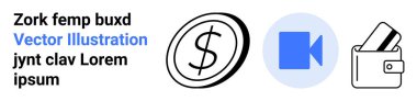 Dolar madeni para ikonu, mavi video kamera ikonu ve kartlı cüzdan ikonu. Finansal hizmetler, dijital ödemeler, çevrimiçi bankacılık, e-ticaret, sanal toplantılar, video içeriği ve dijital cüzdanlar için ideal