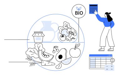 Kadın organik meyve, sebze ve tahıl çemberinin yanında dijital hesap tablosu ile hesap makinesi kullanıyor. Sağlık, diyet, organik, analitik, beslenme takibi, çevre dostu yaşam tarzı için ideal