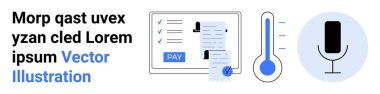 Faturalı ödeme listesi, sıcaklığı gösteren termometre ve ses girişi için mikrofon. Finans, sağlık, teknoloji, veri takibi, iş akışı, soyut çizginin kaydedilmesi için ideal